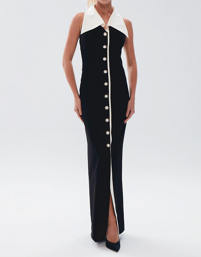 Viceroy Lapel Color Block Button Sleeveless Maxi Dress