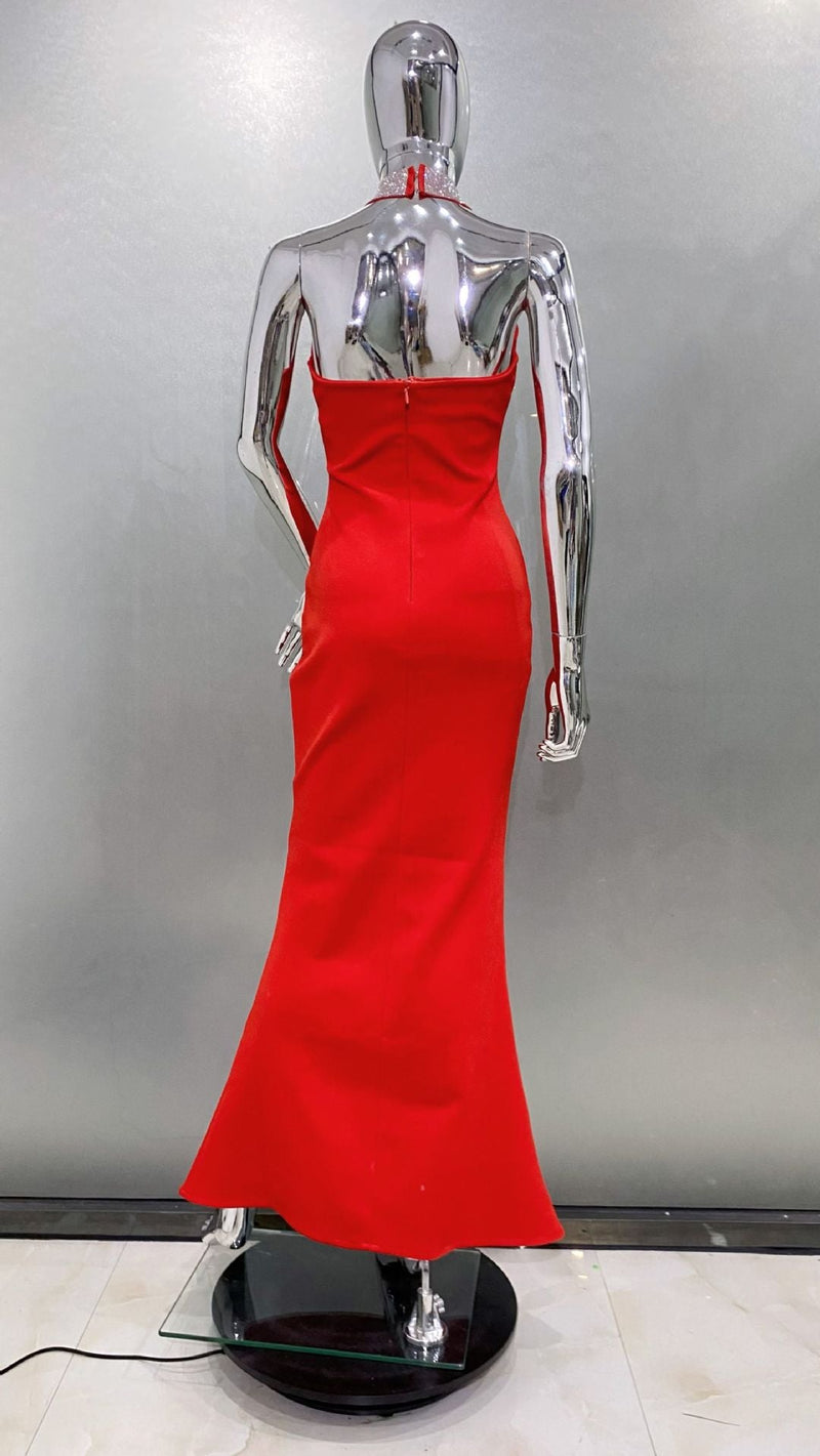 Cathey Crystal Halter Sleeveless Bodycon Maxi Dress In Red