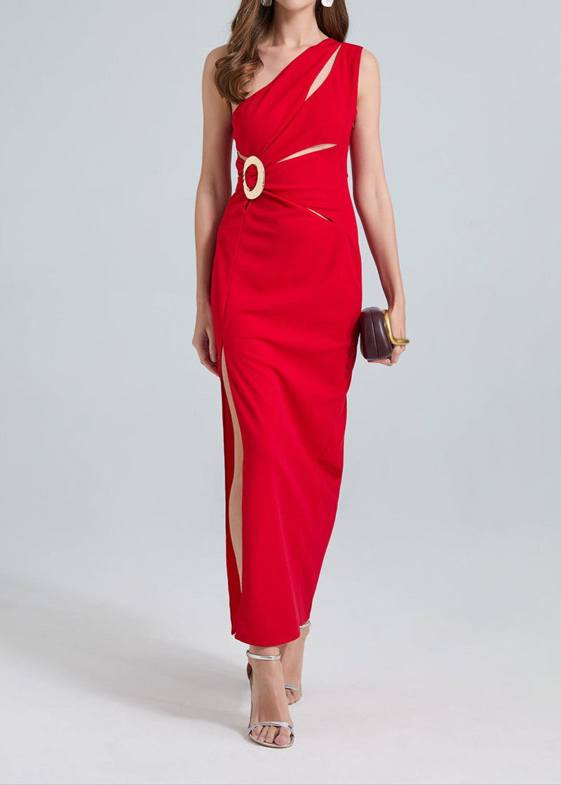 Nebraska One-Shoulder Cutout Side Slit Maxi Dress In Red