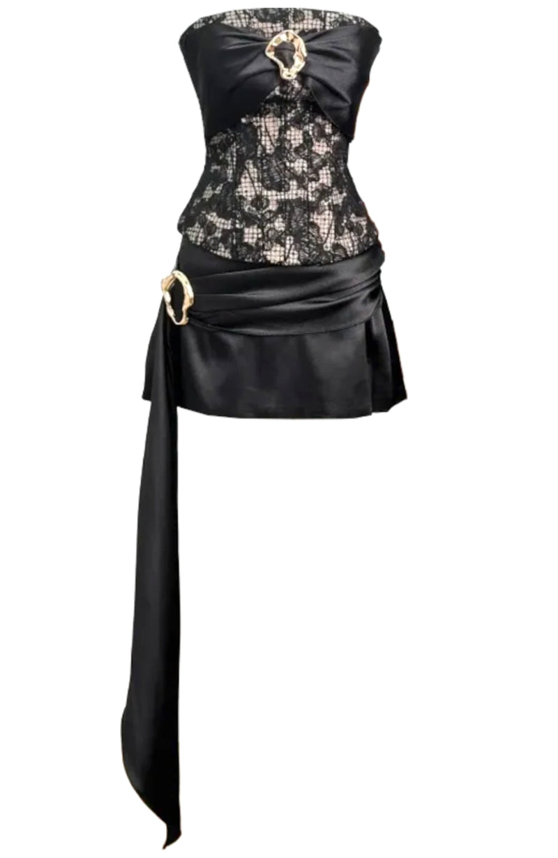 Valdor Strapless Lace Corset Draped Two Piece Mini Dress In Black
