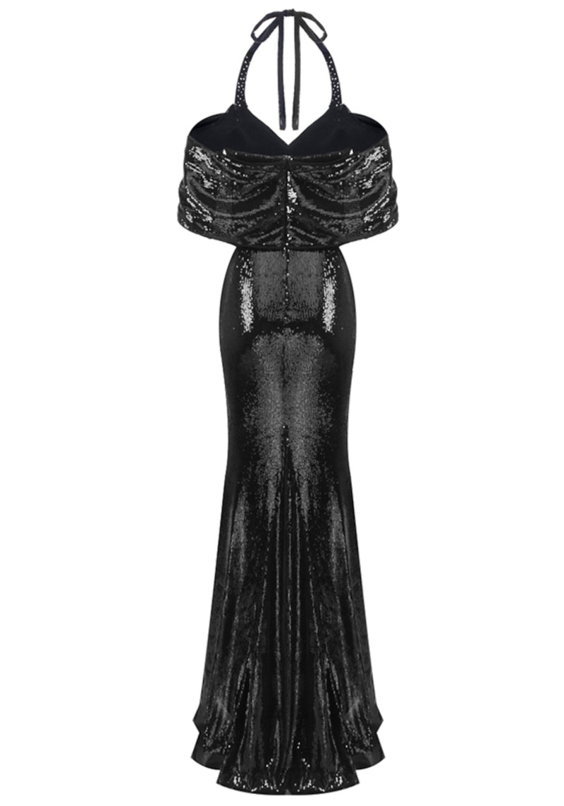 Thayer Halter Bardot Pearl Sequin Maxi Dress In Black
