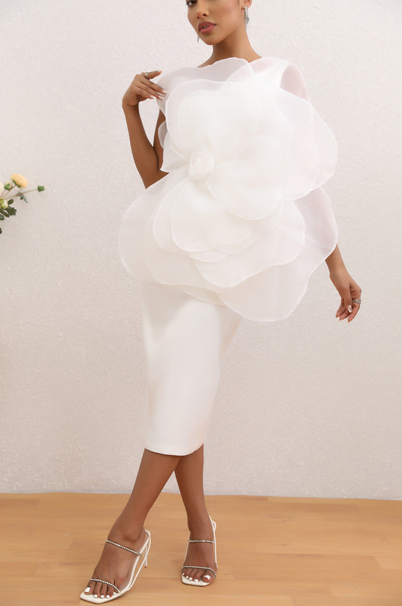 Zayne Mesh Flower One Shoulder Midi Dress In White