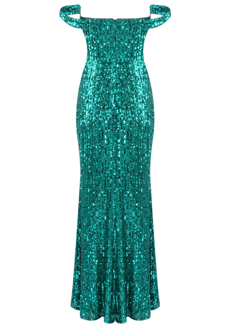 Brinzara Bardot Bustier Sequin Maxi Dress In Green