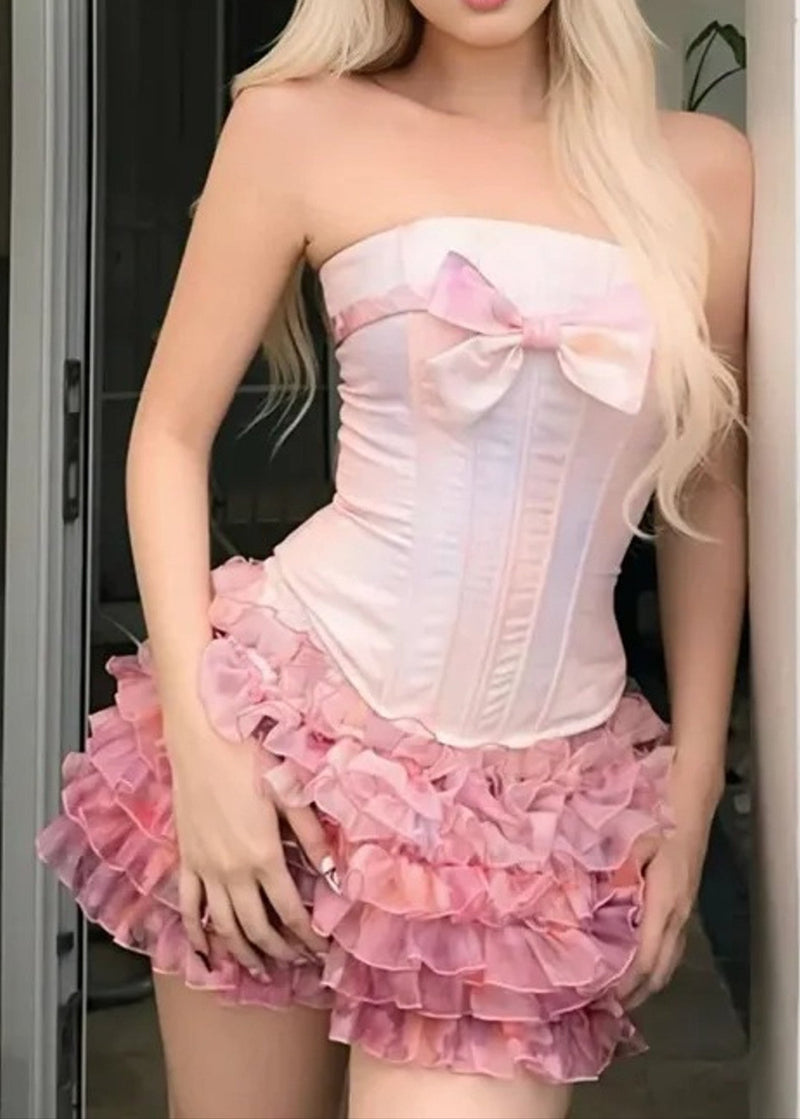 Haelira Strapless Ruffle Corset Two Piece Dress In Pink