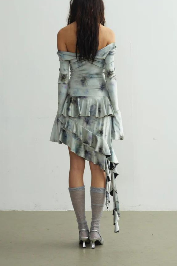 Tazeda Tie Dye Asymmetric Fringe Floral Midi Dress