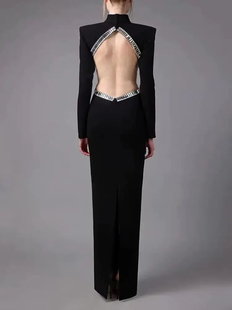 Kretska Crystals Side Cutout Embroidered Maxi Dress In Black