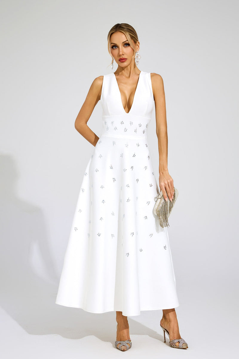 Dakari Crystal Embellished A Line Midi Dress In White