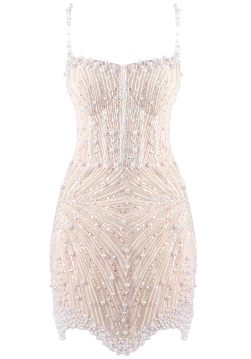 Jyrion Pearl Embellished Mini Dress Nude