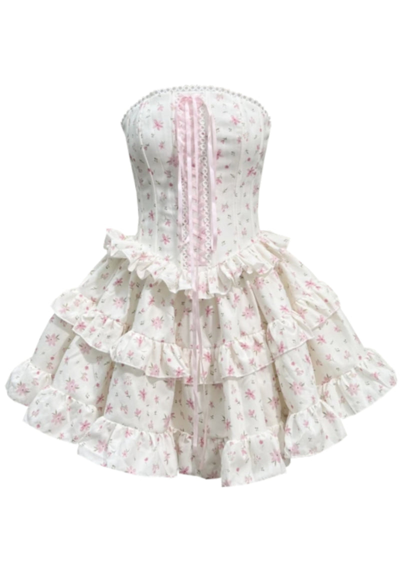 Lenker Strapless Floral Ruffle Corset Dress White In Pink