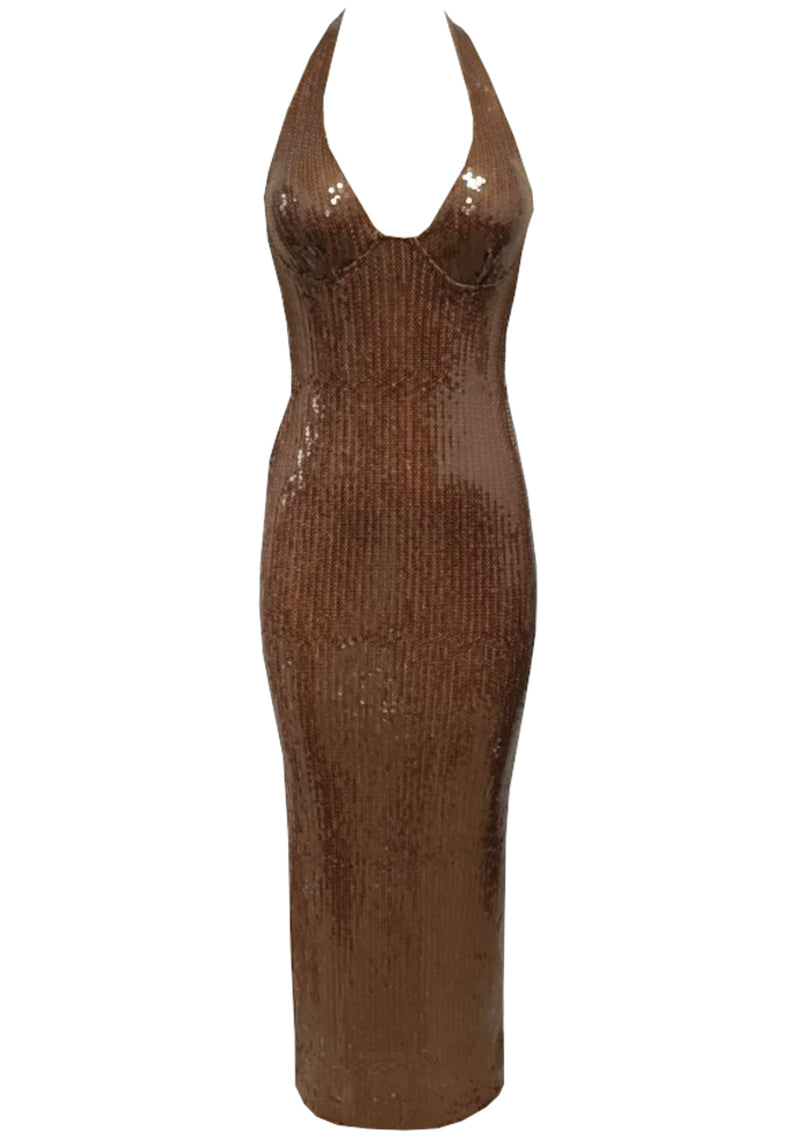 Uryxan Halter Sequin Bustier Maxi Dress In Brown