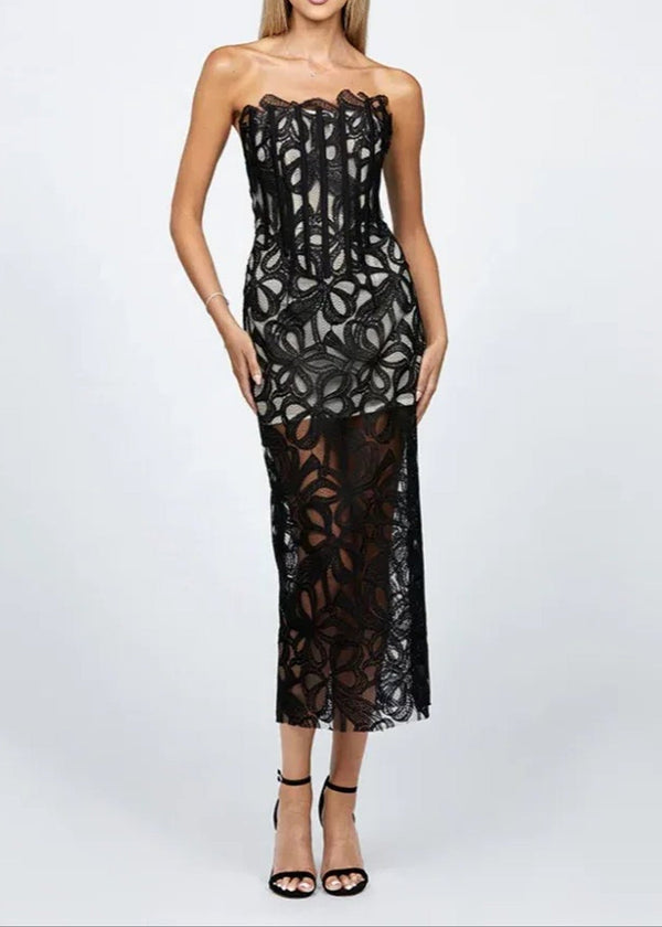 Avena Strapless Floral Corset Midi Dress In Black