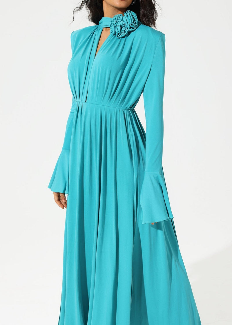Abelia Lantern Sleeve High Collar Flower Slit Midi Dress In Blue