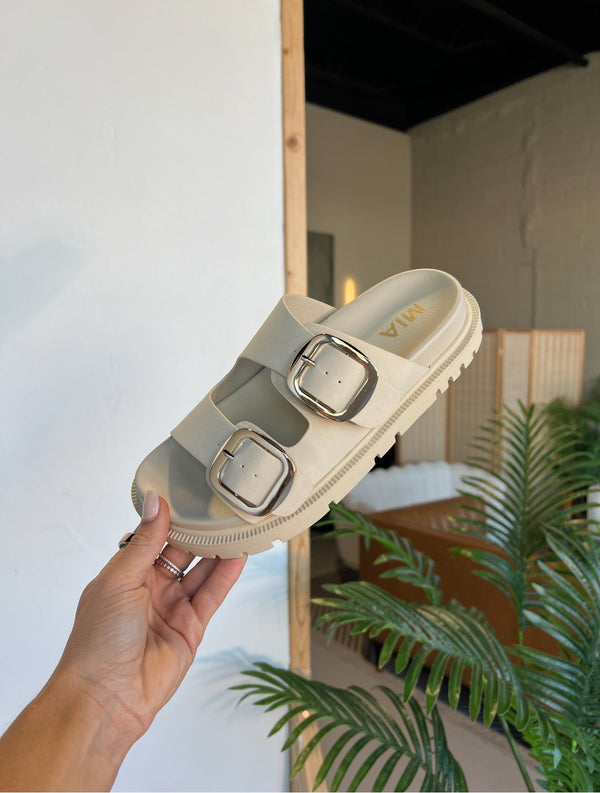 Bursue Double Strap Slides Beige
