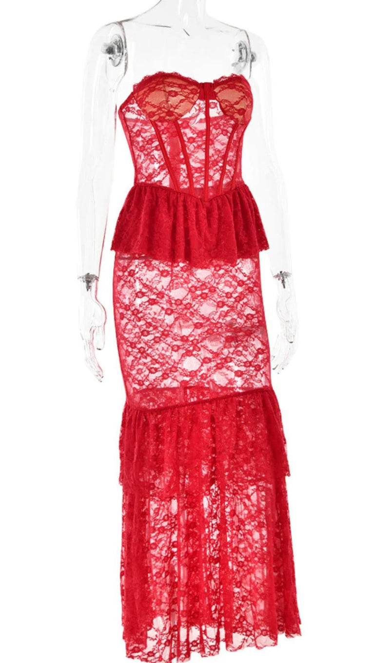 Yuri Strapless Lace Mermaid Dress In Red