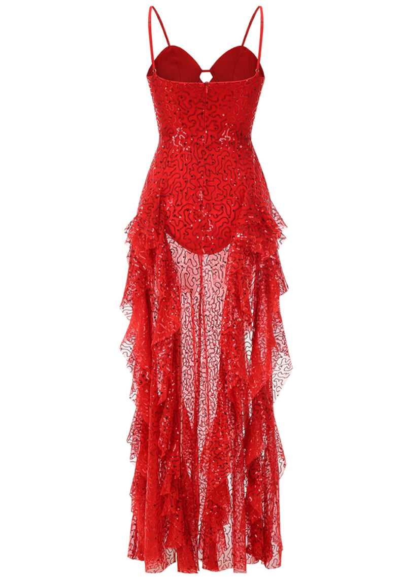 Baelarae Bustier Sequin Ruffle Maxi Dress In Red
