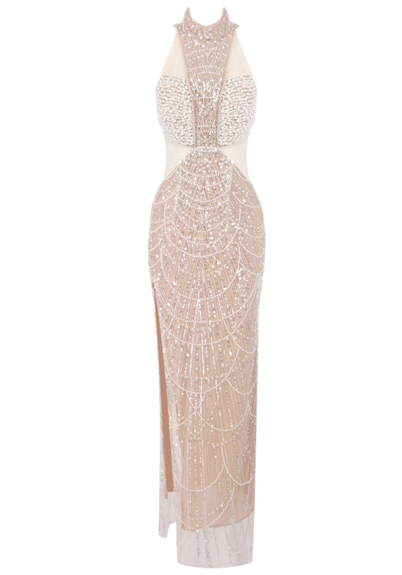 Cyndriel Halter Pearl Sequin Maxi Dress In Nude