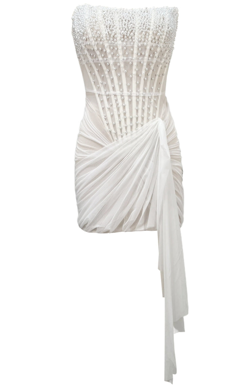 Ozvara Strapless Pearl Draped Corset Dress In White