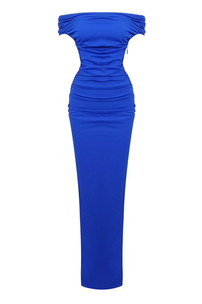 Cupid Slash Neck Pleated Maxi Dress In Blue