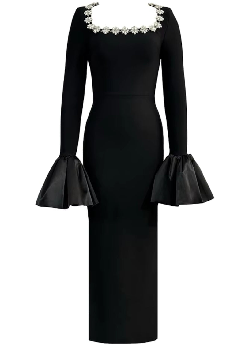 Vyxaria Long Sleeve Crystal Neckline Maxi Dress In Black