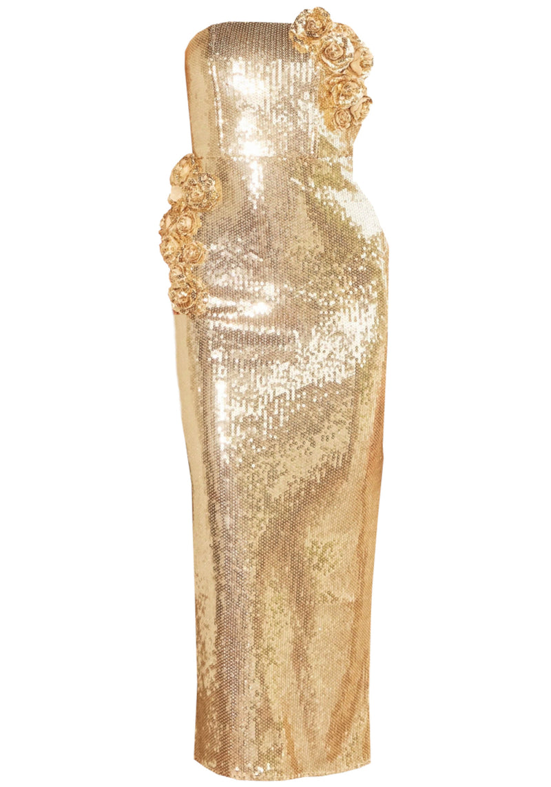 Blythar Strapless Floral Sequin Midi Dress In Gold