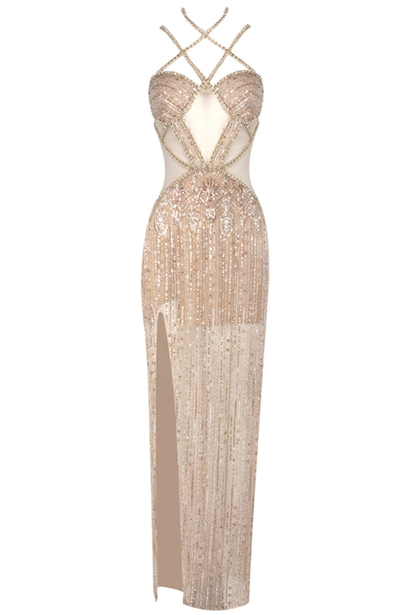 Palti Halter Sequin Bustier Maxi Dress In Gold
