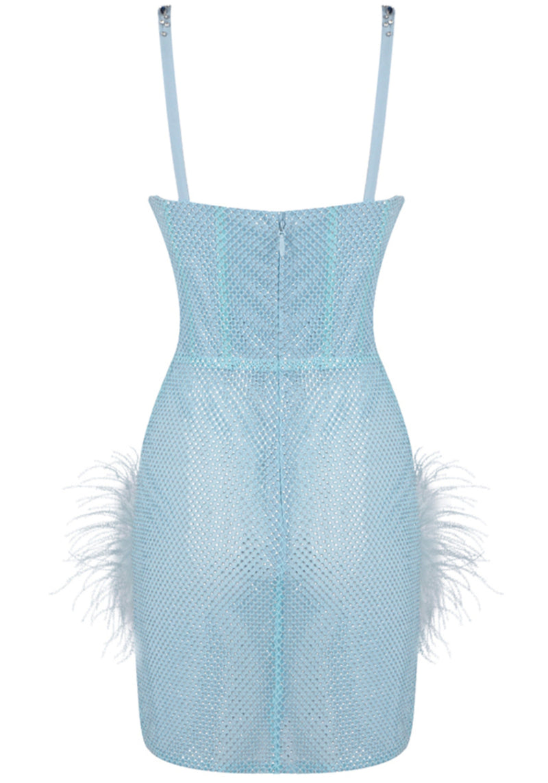 Lachlan Crystal Bustier Feather Detail Mini Dress In Blue