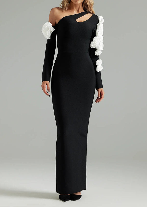 Patricia One Shoulder Flower Embellished Cutout Bandage Maxi Dress In Black
