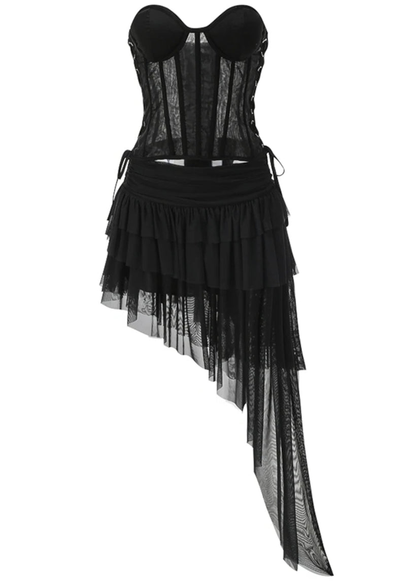Olthrion Strapless Corset Ruffle Two Piece Dress In Black