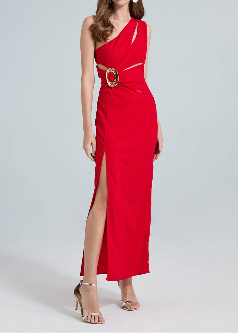 Nebraska One-Shoulder Cutout Side Slit Maxi Dress In Red