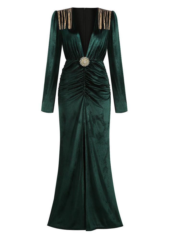 Kiki Velvet Tassel V-Neck Maxi Dress In Green