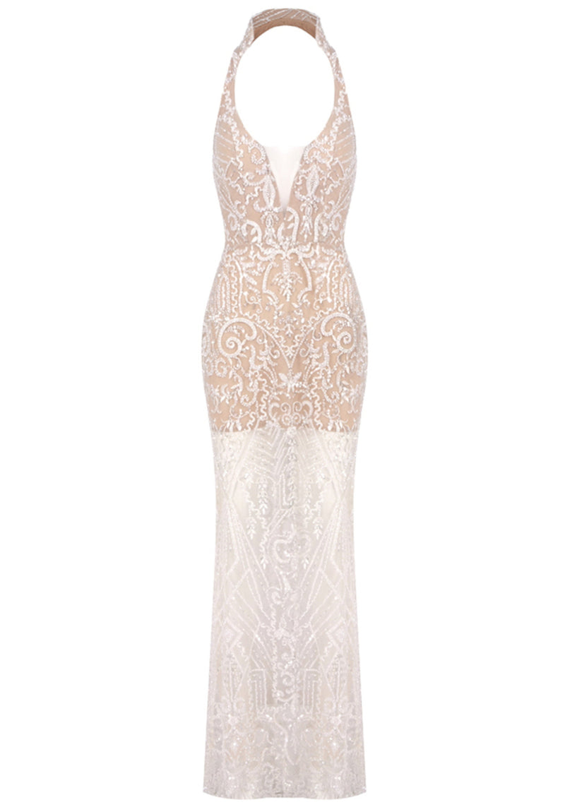 Syssa Halter Embellished Lace Maxi Dress In Nude