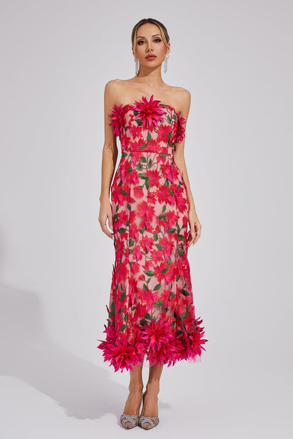 Chasity 3D Flower Embroidery Strapless Midi Dress In Rose Red