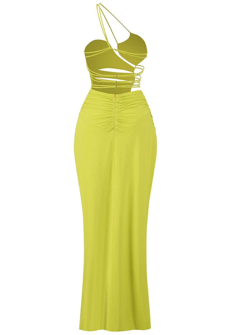 Brynhildr One Shoulder Draped Strappy Maxi Dress In Chartreuse
