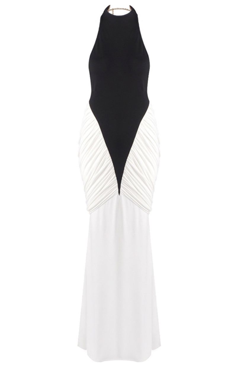 Gaelion Halter Draped Detail Maxi Dress In Black White