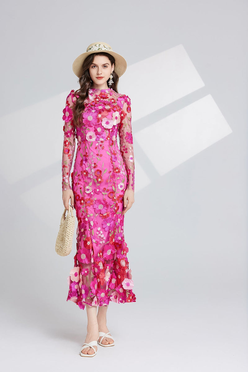 Thalvix Floral Embroidery Mesh Long Sleeve Midi Dress In Rose Red