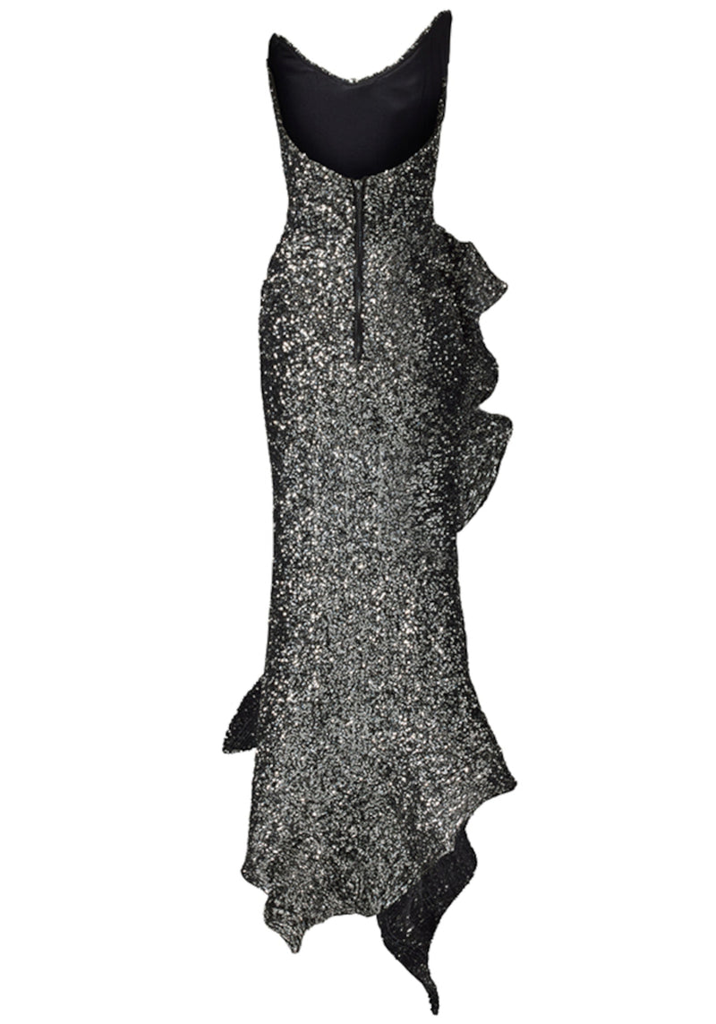 Janaki Strapless Sequin Ruffle Maxi Dress In Silver