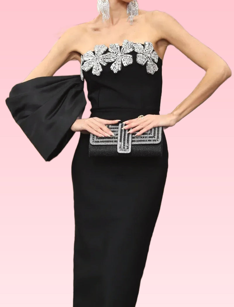 Khalifa Bardot Crystal Flower Maxi Dress In Black