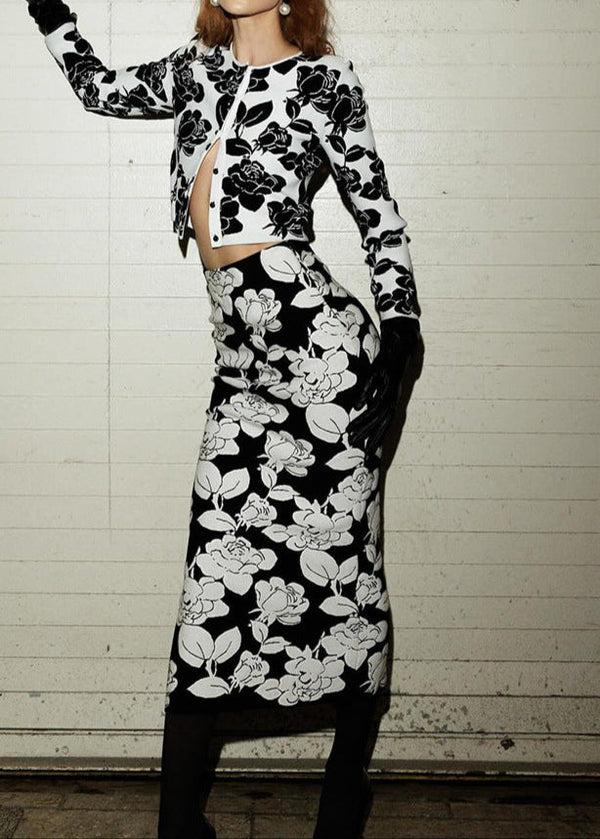 Akim Long Sleeve Floral Two Piece Midi Dress In Black White