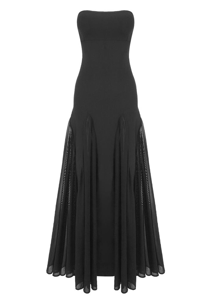 Leaundra Strapless Mesh Insert A Line Maxi Dress In Black