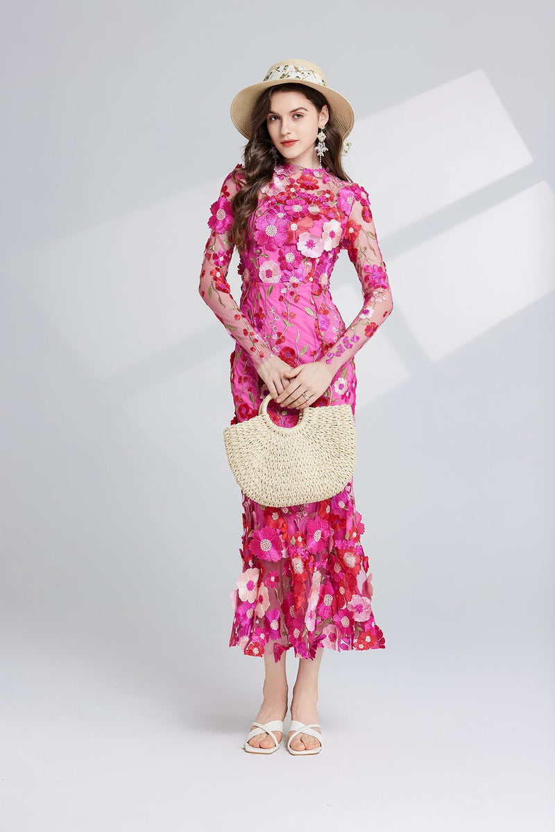 Thalvix Floral Embroidery Mesh Long Sleeve Midi Dress In Rose Red