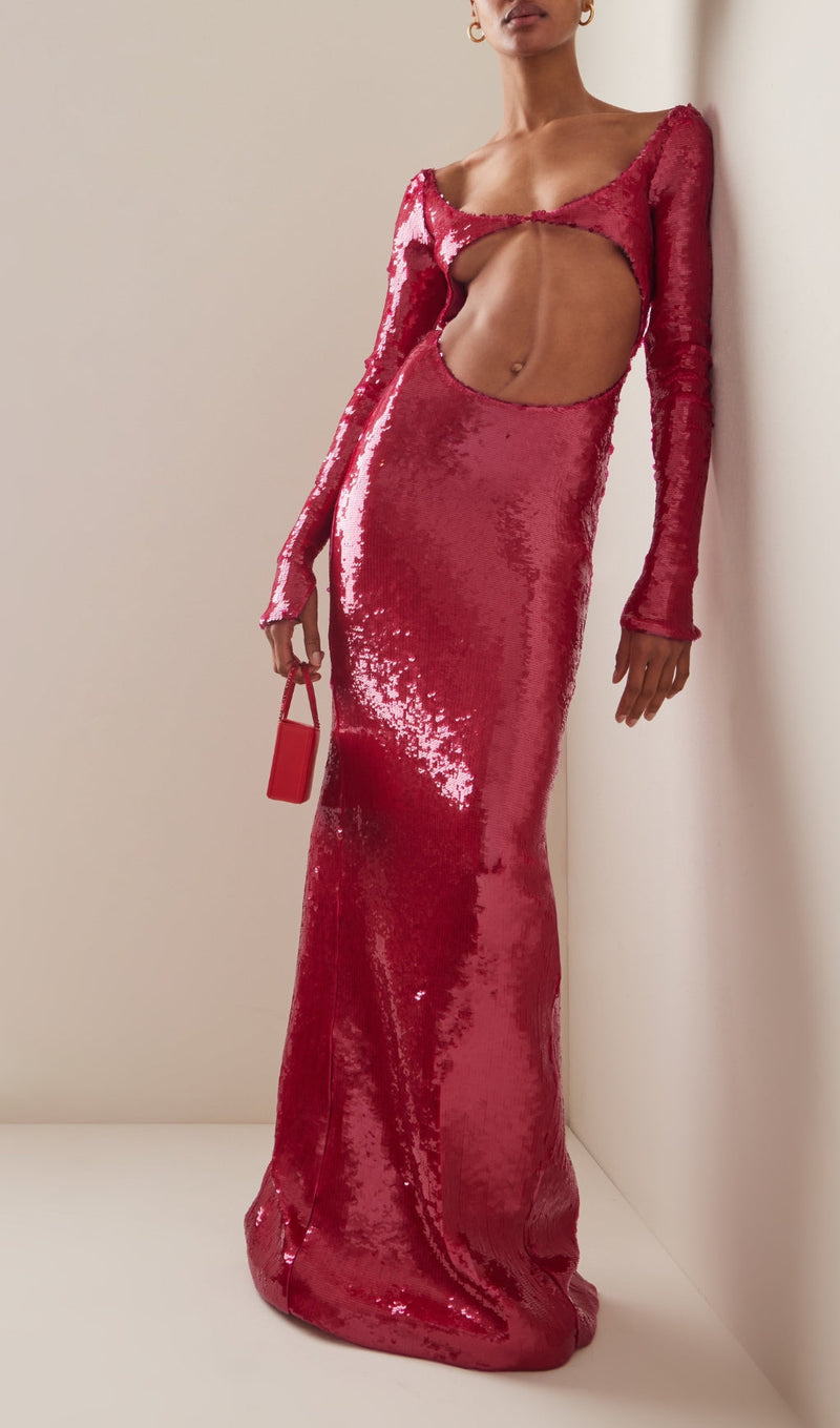 Lialy Sequin Embroidered Cutout Maxi Dress In Red