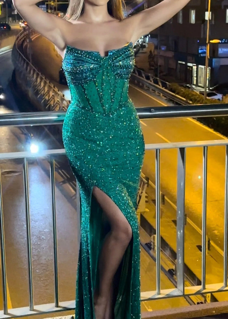 Paley Strapless Crystal Sequin Bustier Maxi Dress In Green
