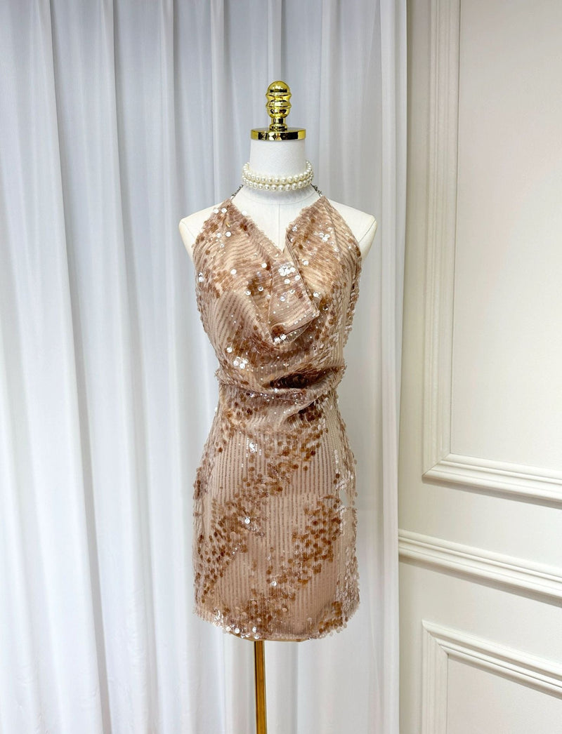 Wyxara Halter Sleeveless Sequin Mini Dress In Kahki Brown
