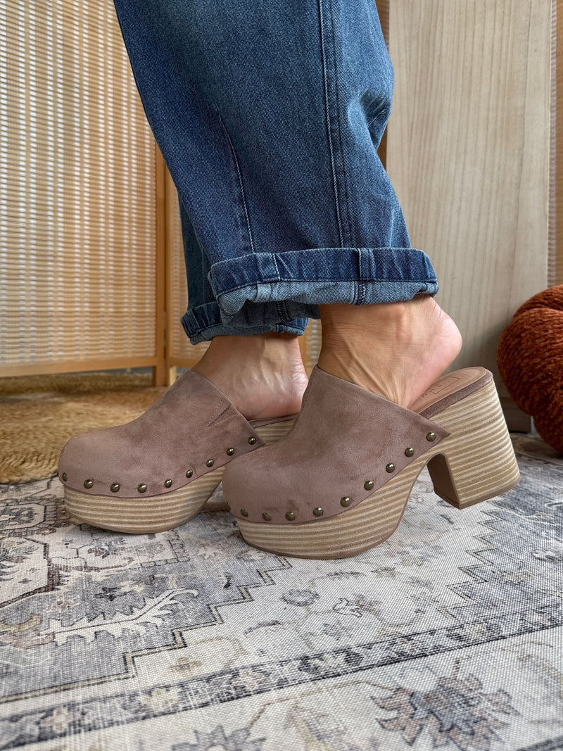 Gigi Suede Clog Slip Ons Taupe