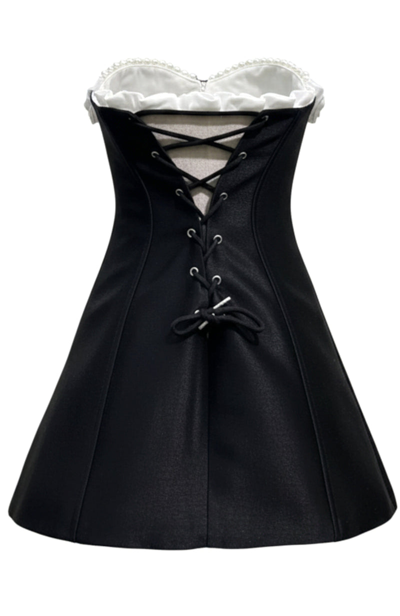 Agnieszka Strapless Floral Corset A Line Mini Dress In Black