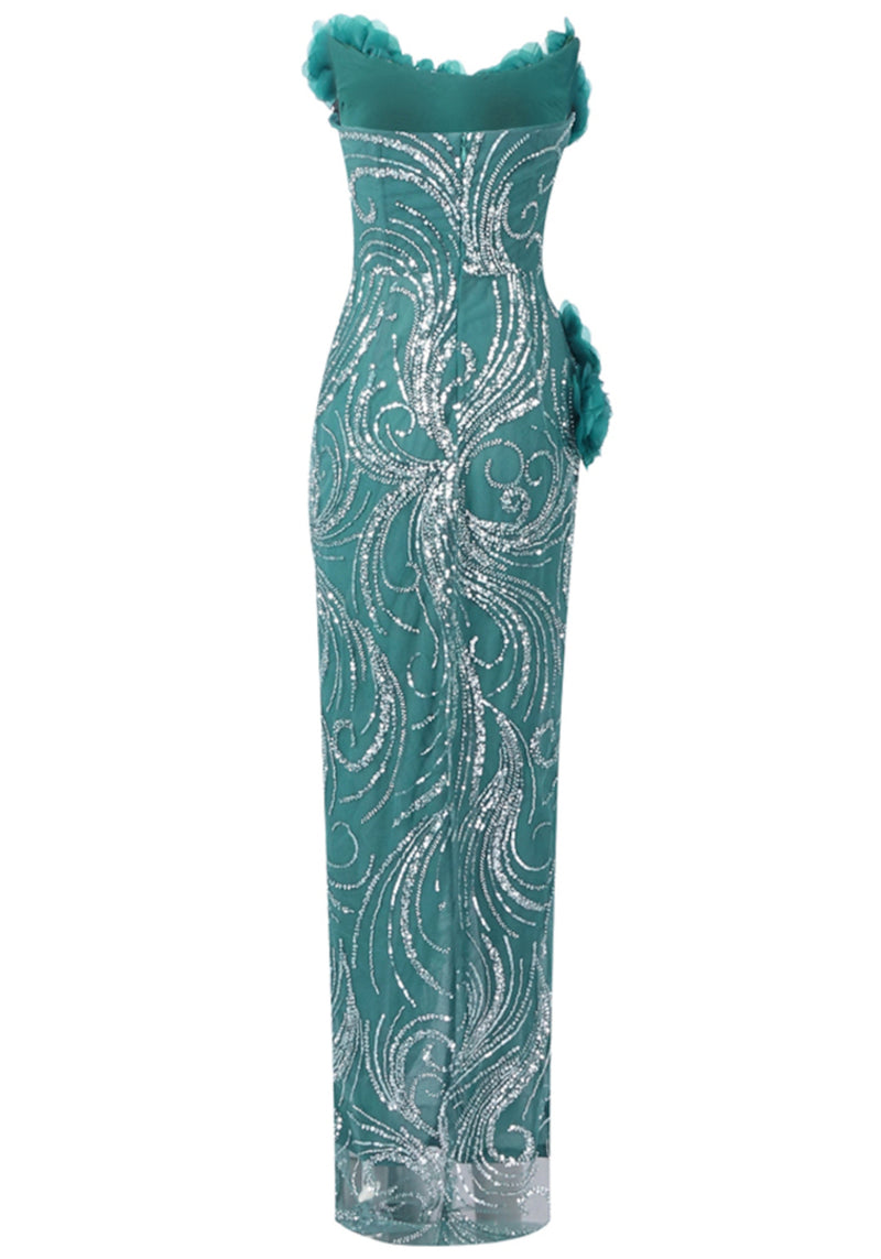 Xandria Floral Strapless Sequin Maxi Dress In Green