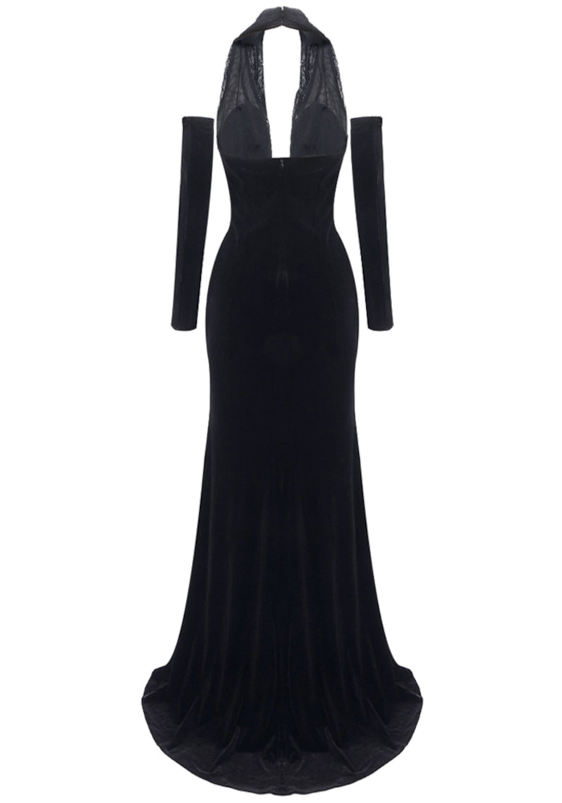 Brielle Long Sleeve Halter Lace Maxi Velvet Dress In Black