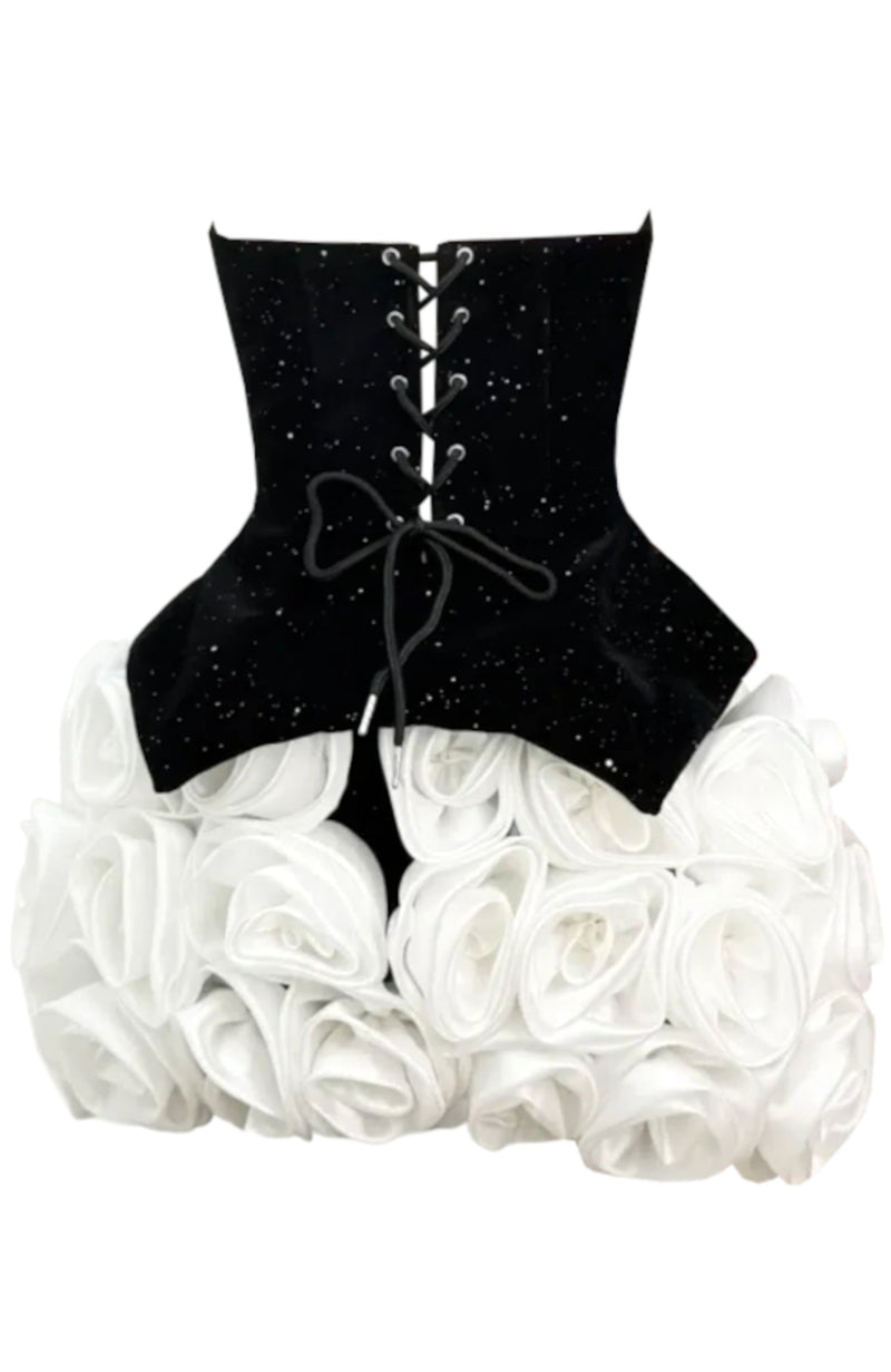Aindrea Sparkly Strapless Floral Corset Mini Dress In Black White