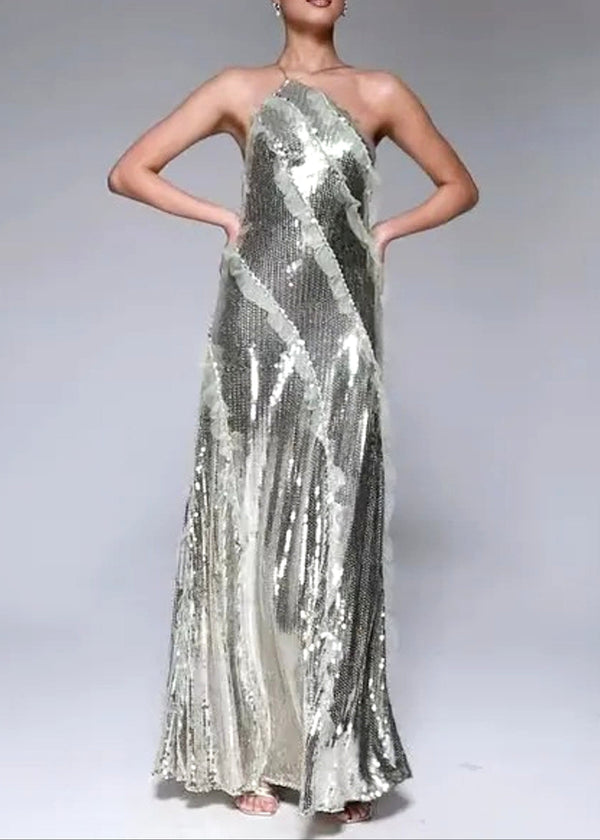 Pandeia Halter Ruffle Detail Sequin Maxi Dress In Silver