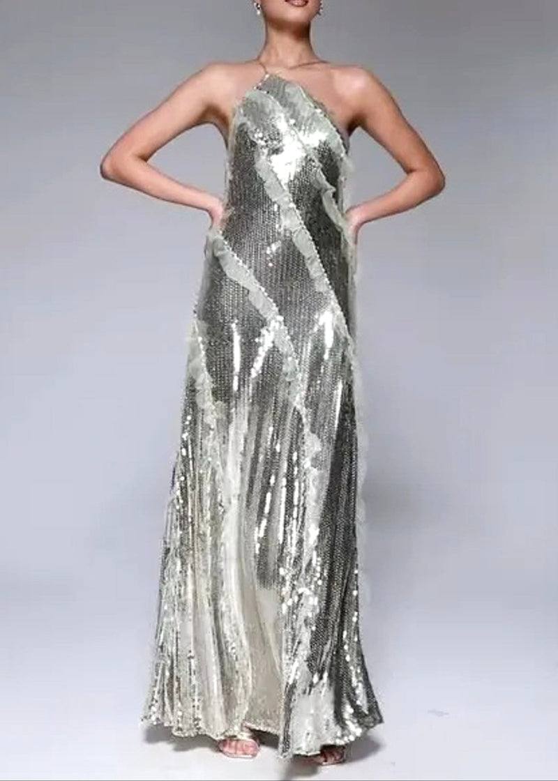 Pandeia Halter Ruffle Detail Sequin Maxi Dress In Silver